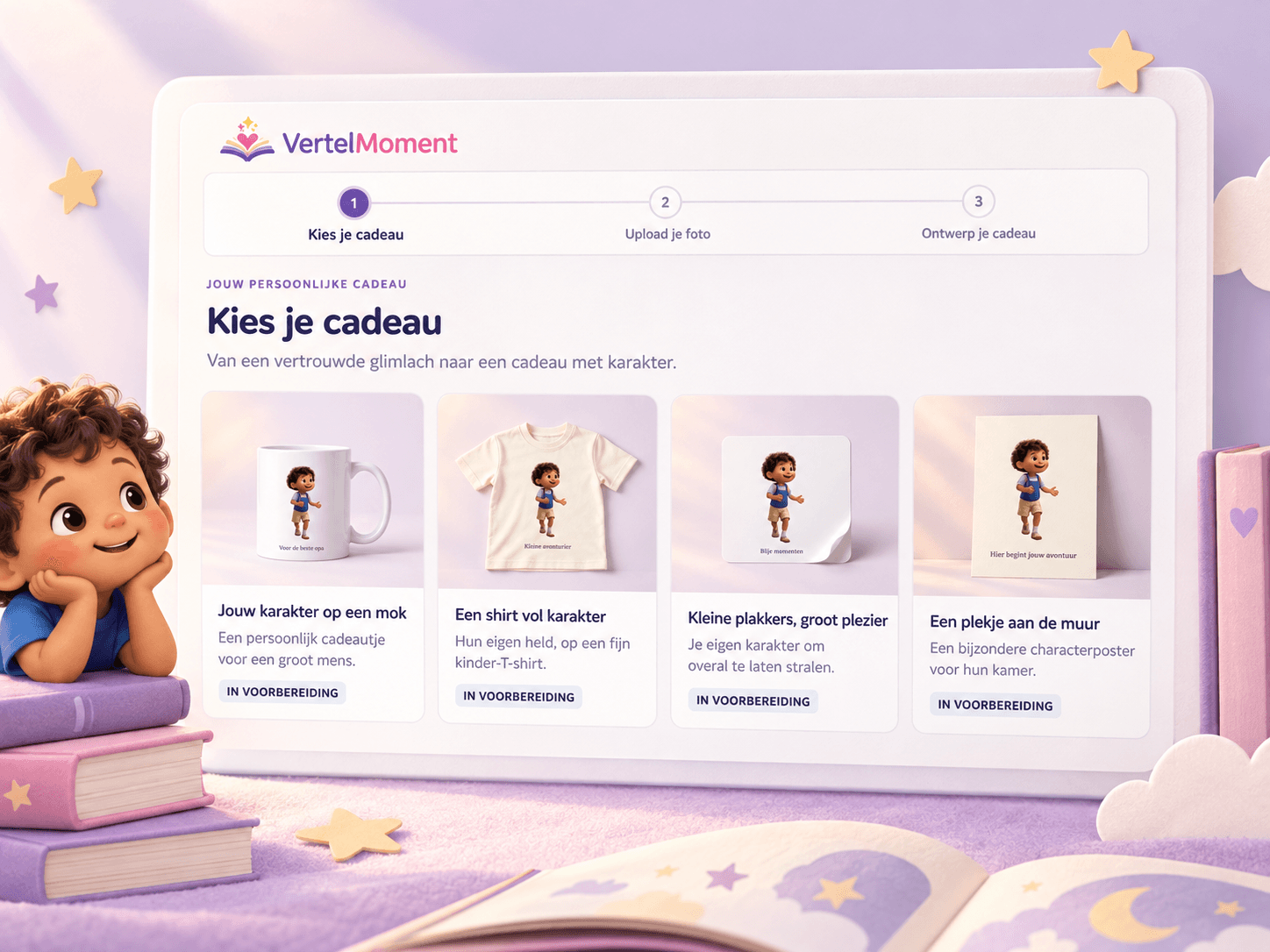 Bewerkt schermvoorbeeld uit de cadeauontwerper: kies een cadeau, upload een foto en ontwerp het product
