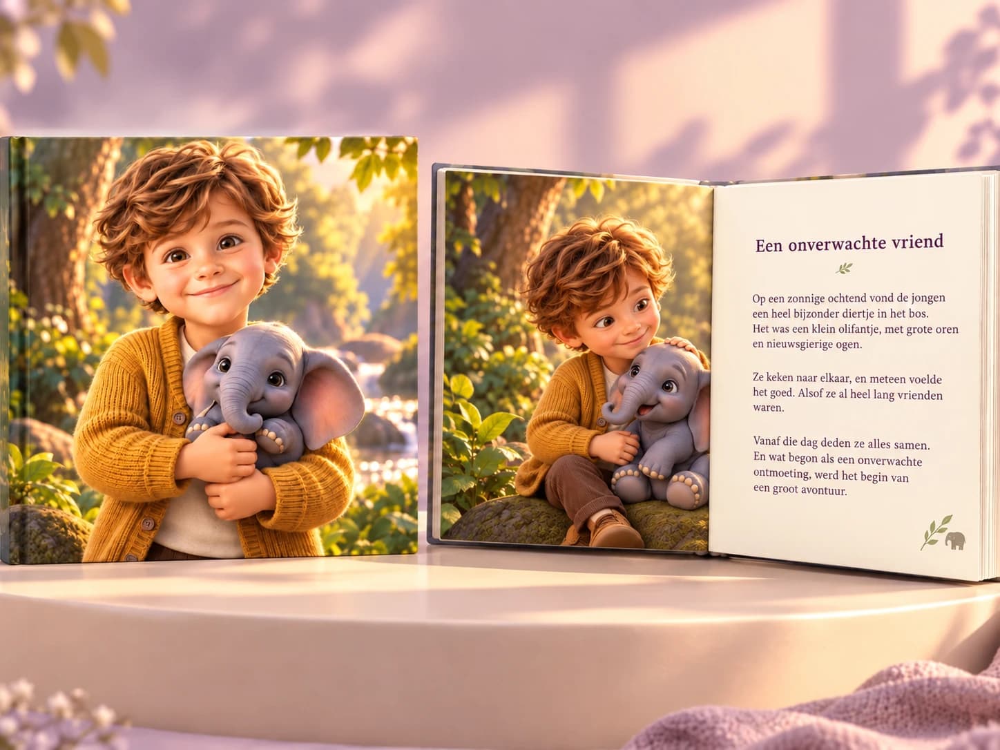 Persoonlijk hardcoverboek met geïllustreerde omslag en een open spread met illustratie en tekstpagina